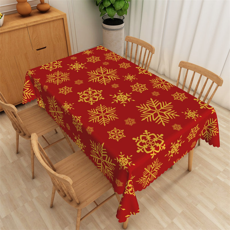 Gold Snowflake Repeat Red Tablecloth For Home Decor - 52x70 Inch