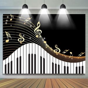 Golden Musical Notes Piano Keyboard Theme Backdrop - 5X3FT(1.5X1M)