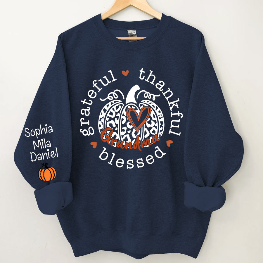Grateful Thankful Blessed Pumpkin Custom Sweatshirt - Navy / S