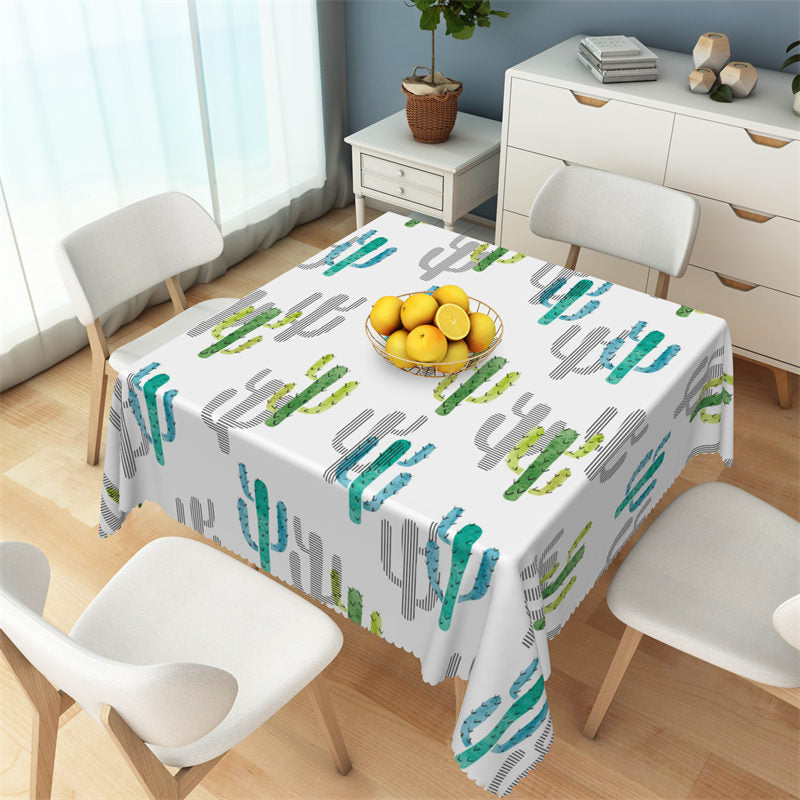 Green Blue Cactus Patterns White Square Tablecloth - 52x70 Inch