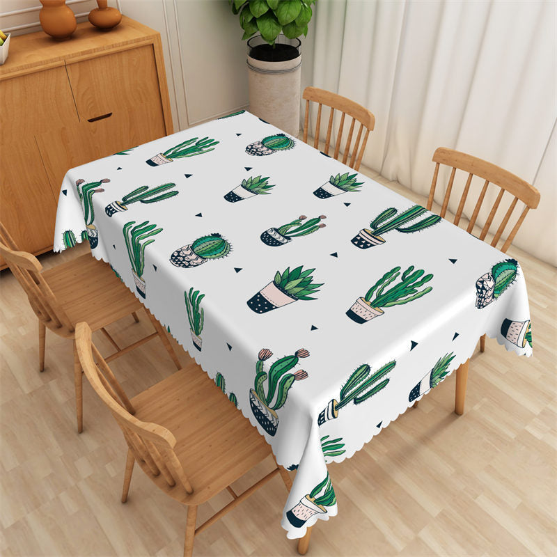 Green Cactus Patterns White Rectangle Tablecloth - 52x70 Inch
