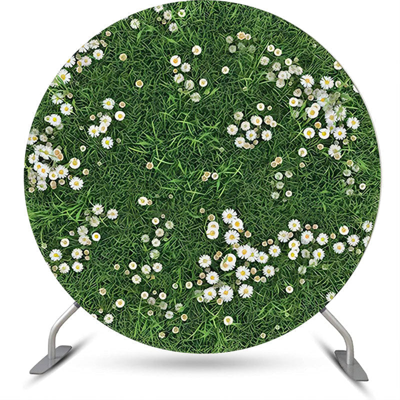 Green Grass White Floral Rustic Round Spring Backdrop - Diameter 6Ft/1.8M
