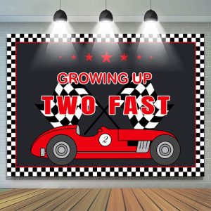 Growing Up Two Fast Red Racing Boy Birthday Backdrop - 5X3FT(1.5X1M)