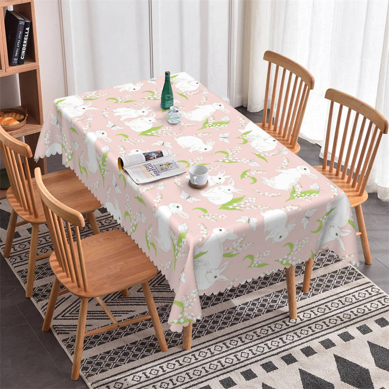 Lovely White Rabit Pink Pattern Rectangle Tablecloth - 52x70 Inch