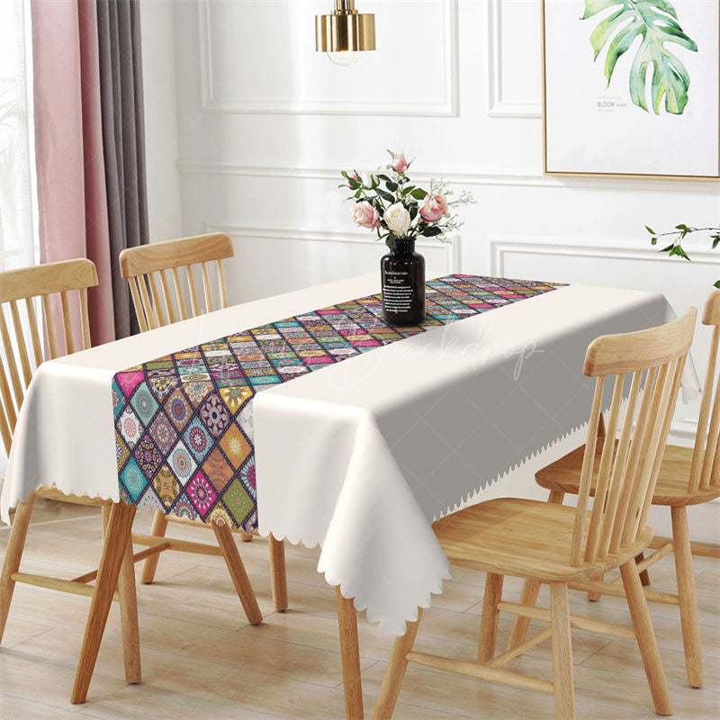Mandala Plaid Kitchen Beige Rectangle Tablecloth - 52x70 Inch