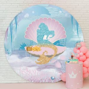 Mermaid Shell Round Birthday Backdrop For Girl - Microfiber Cloth / Diameter 7.2Ft/86inch/2.2M