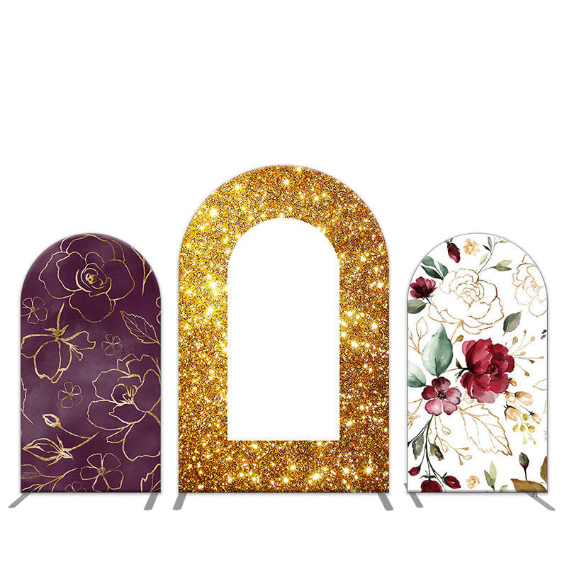 Open Gold Glitter Floral Pattern Arch Backdrop Kit - Microfiber Cloth / Only 3 Backdrop Covers