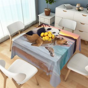 Panda And Dog Pattern Sea Scenery Square Tablecloth - 52x70 Inch