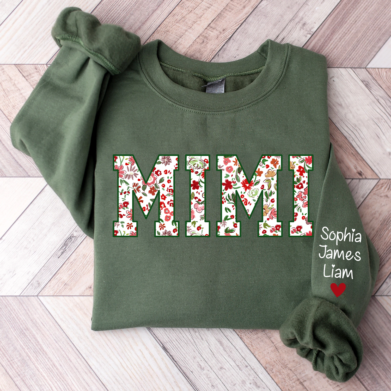 Personalized Mimi Flower Pattern Gift Sweatshirt - Military Green / S