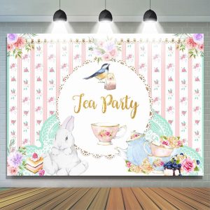 Pink Floral Rabbit Bird Cup Tea Party Theme Backdrop - 5X3FT(1.5X1M)