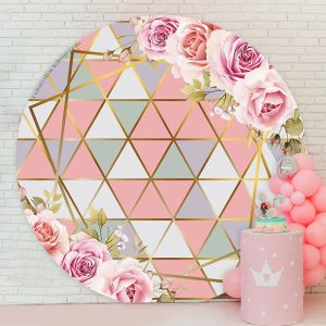 Pink Floral Triangle Element Round Wedding Backdrop - Microfiber Cloth / Diameter 7.2Ft/86inch/2.2M