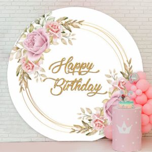 Pink Roses Boho Circle Backdrop For Birthday Party - Microfiber Cloth / Diameter 7.2Ft/86inch/2.2M