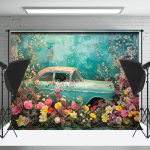 Pink Yellow Flower Retro Blue Car Spring Backdrop - 5X3FT(1.5X1M)