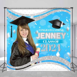 Prom Blue Silver Custom Photo Graduation Backdrop - 5X3FT(1.5X1M)