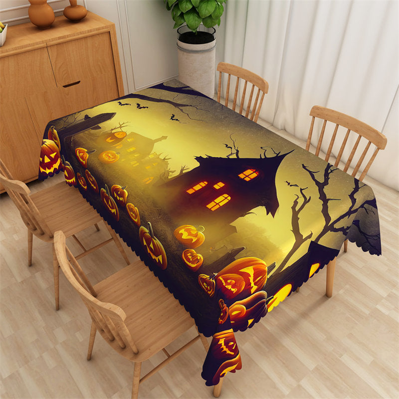 Pumpkins Tombstone Desolate Cabins Halloween Tablecloth - 52x70 Inch