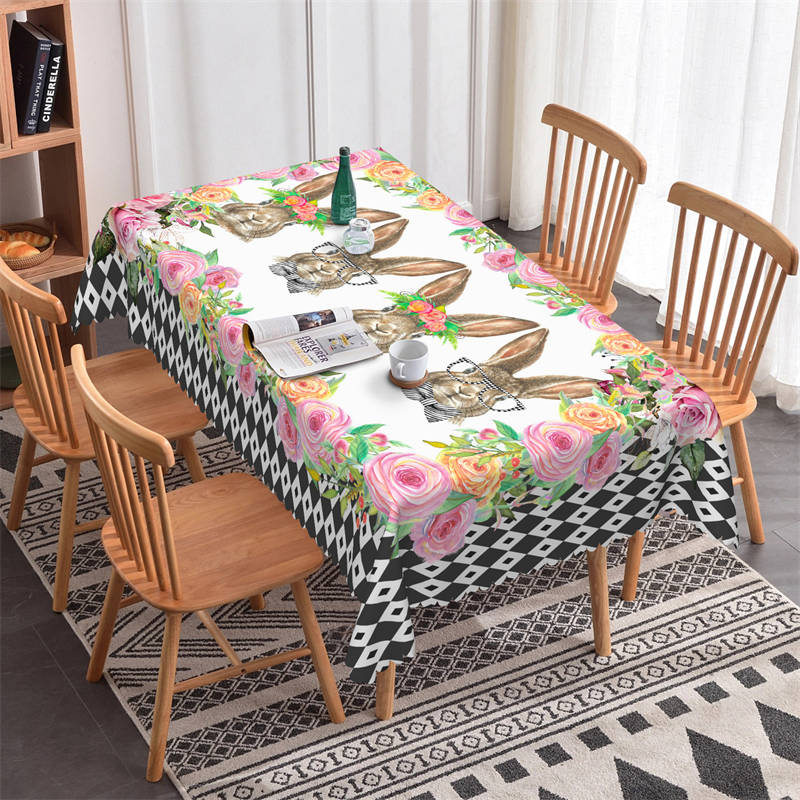 Rabit Flowers Black White Pattern Rectangle Tablecloth - 52x70 Inch