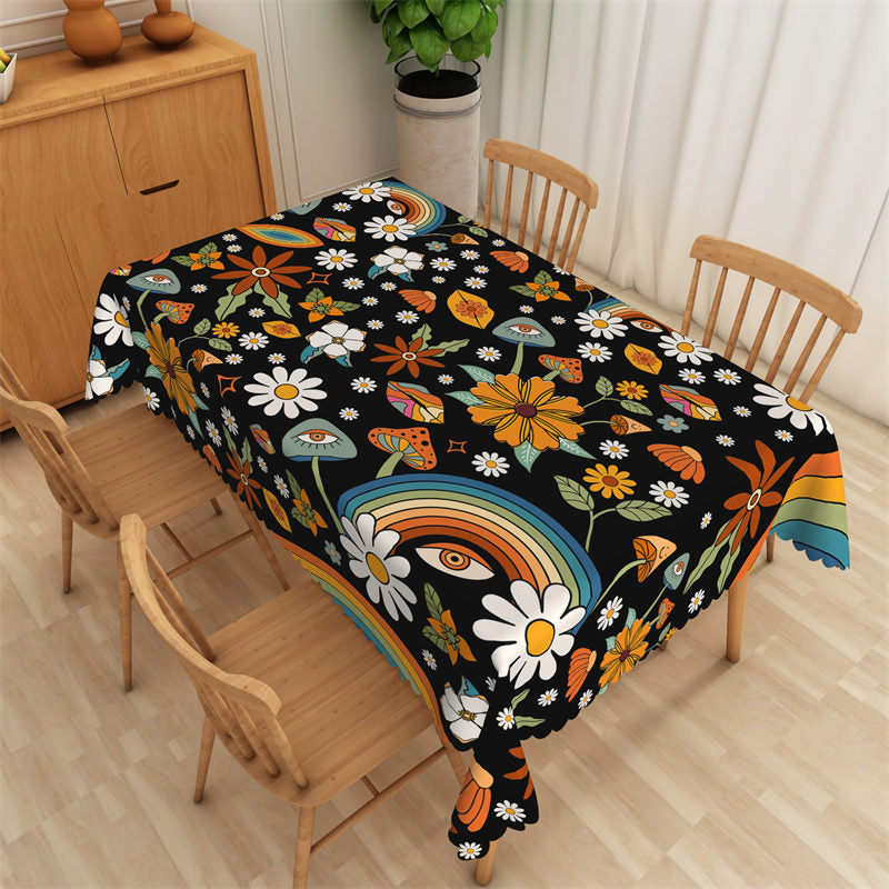 Rainbow Flowers Black Pattern Rectangle Tablecloth - 52x70 Inch
