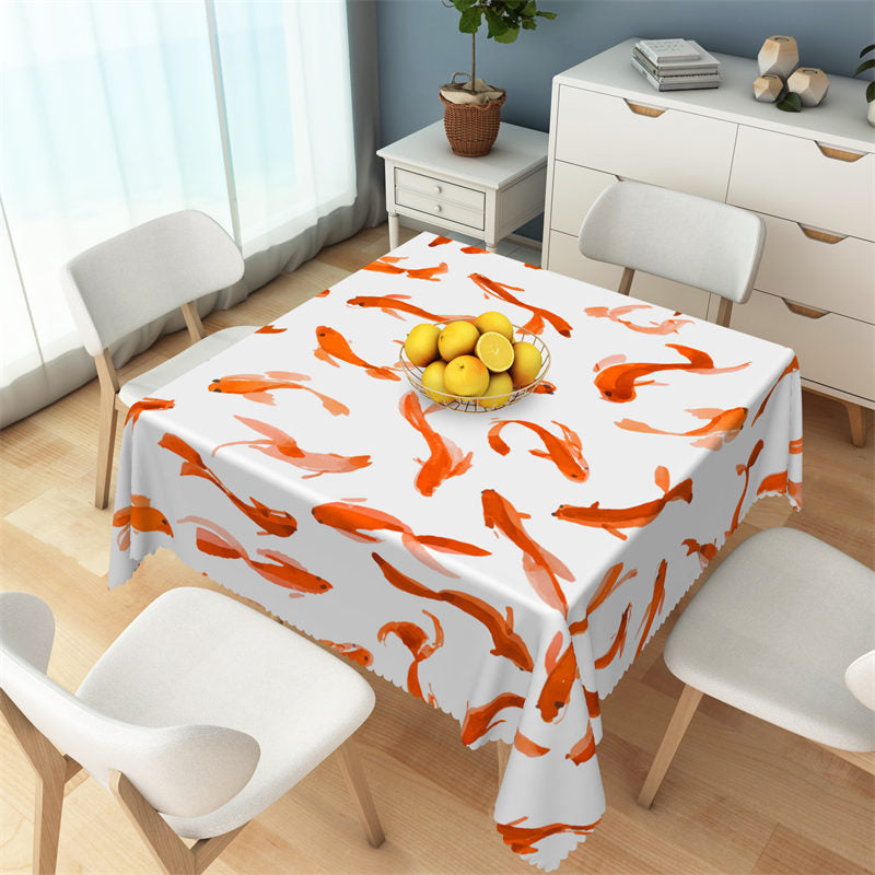 Red Fish Pattern Step And Repeat Square Tablecloch - 52x70 Inch