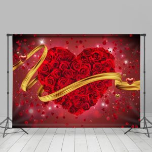 Red Roses Heart With Gloden Ribbon Valentines Backdrop - 5X3FT(1.5X1M)
