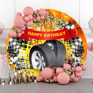 Round Red Yellow Racing Flag Tire Birthday Backdrop - RZH0E610 / Diameter 5Ft/1.5M