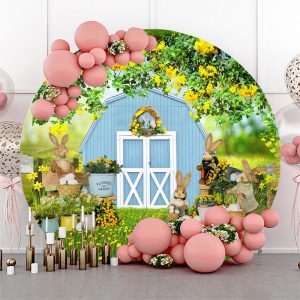 Spring Floral Rabbit Farm Bokeh Round Easter Backdrop - Microfiber Cloth / Diameter 5Ft/60inch/1.5M