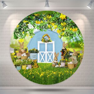 Spring Floral Rabbit Farm Bokeh Round Easter Backdrop - Microfiber Cloth / Diameter 6.5Ft/79inch/2M