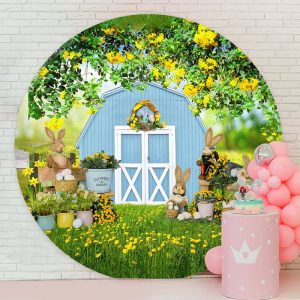 Spring Floral Rabbit Farm Bokeh Round Easter Backdrop - Microfiber Cloth / Diameter 7.2Ft/86inch/2.2M