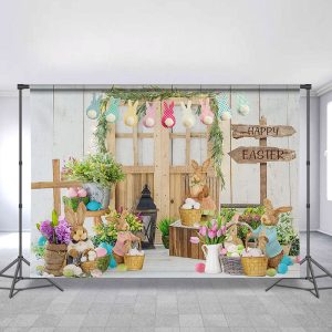 Spring Floral Wood Door Rabbit Happy Easter Backdrop - 5X3FT(1.5X1M)
