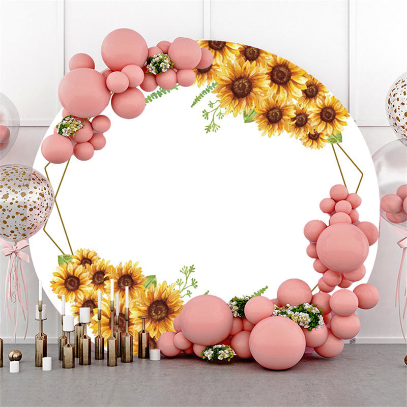 Sun Flower Geometry Pattern Round Birthday Backdrop - Microfiber Cloth / Diameter 5Ft/60inch/1.5M