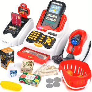 Toy Cash Register for Kids, Checkout Scanner, Play Money Food Set, , Credit Card Machine, Fruit Card Reader