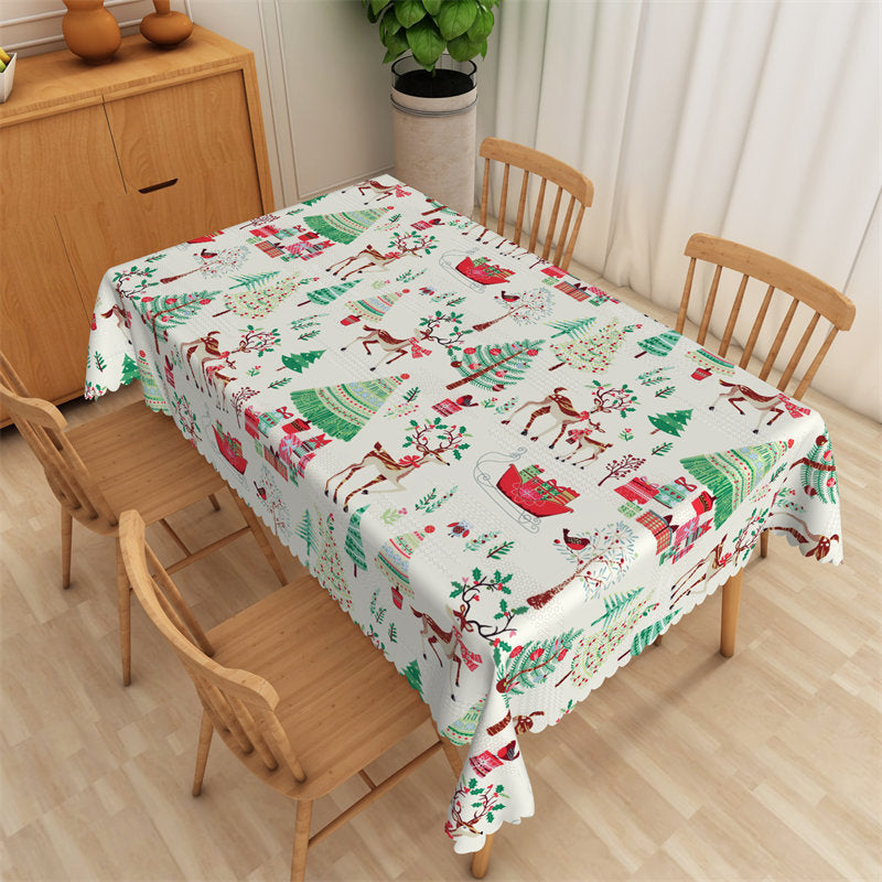 Trees Deers Sleigh Pattern Repeat Christams Tablecloth - 52x70 Inch