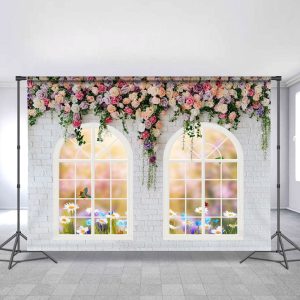 White And Floral Bricks And Window Spring Backdrop - 5X3FT(1.5X1M)