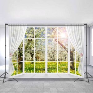 White Window And Curtain Floral Tree Spring Backdrop - 5X3FT(1.5X1M)