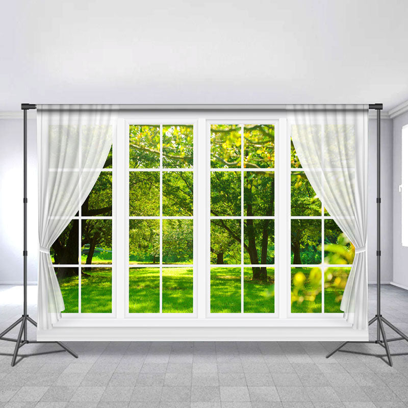 White Window With Green Forest Outside Spring Backdrop - 5X3FT(1.5X1M)