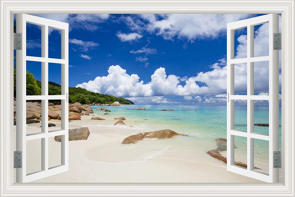 3D Beach Window Wall Sticker Ocean View Room Decor