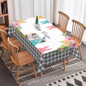 Black White Plaid Rabit Flowers Rectangle Tablecloth - 52x70 Inch