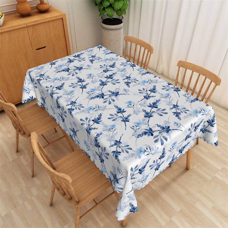 Blue Flowers Leaves Repeat Rectangle Tablecloth - 52x70 Inch
