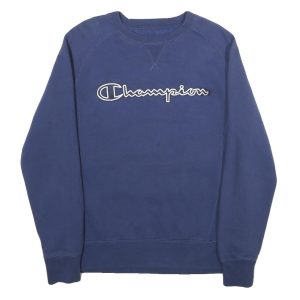 CHAMPION Mens Blue Pullover Crew Neck S Embroidered Logo Sweatshirt Cotton Blend