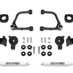 FABTECH K7089 Lift Kit Suspension; 3 In Front Lift; 3 In Rear Lift; With Rear Performance Shock Absorbers In Kit; Black Components; With Front Strut Assembly Spacers/ Rear Air Bag Spacers/ Front Upper Control Arms/ Installation Hardware
