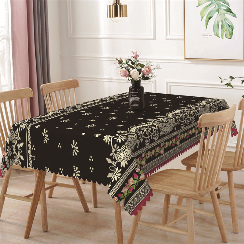 Floral Beige Patterns Dot Black Rectangle Tablecloth - 52x70 Inch