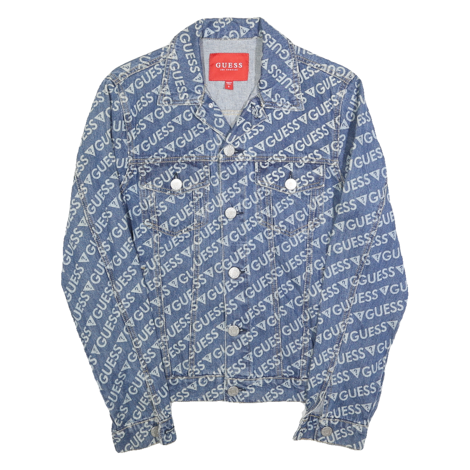 GUESS Mens Blue Denim Button Jacket S Cotton Printed Logo Patterned