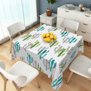 Green Blue Cactus Patterns White Square Tablecloth - 52x70 Inch