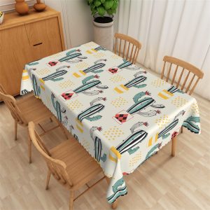Green Cactus And Yellow Dots Patterns Tablecloth - 52x70 Inch
