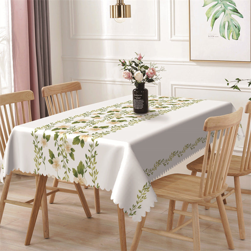 Green Leaf Floral White Simple Rectangle Tablecloth - 52x70 Inch