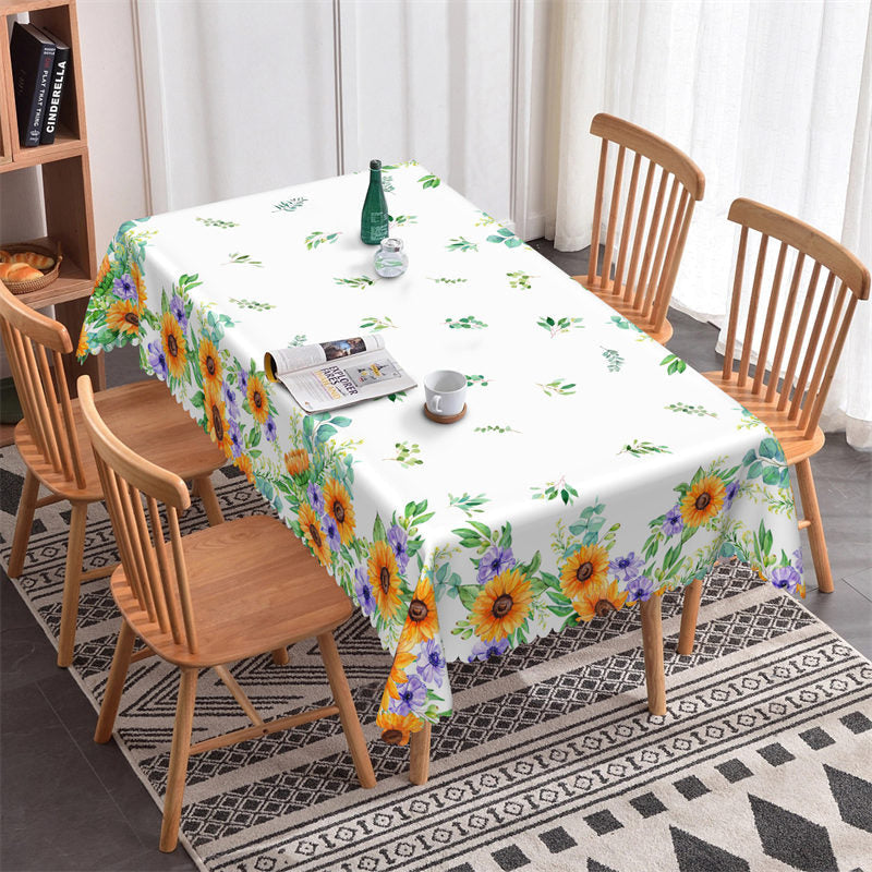 Green Leaves Sunflowers Rectangle Kitchen Tablecloth - 52x70 Inch