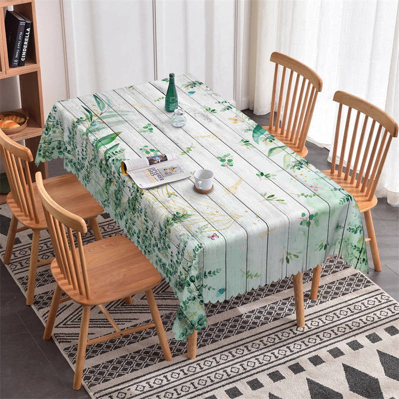 Green Leaves White Wood Spring Rectangle Tablecloth - 52x70 Inch