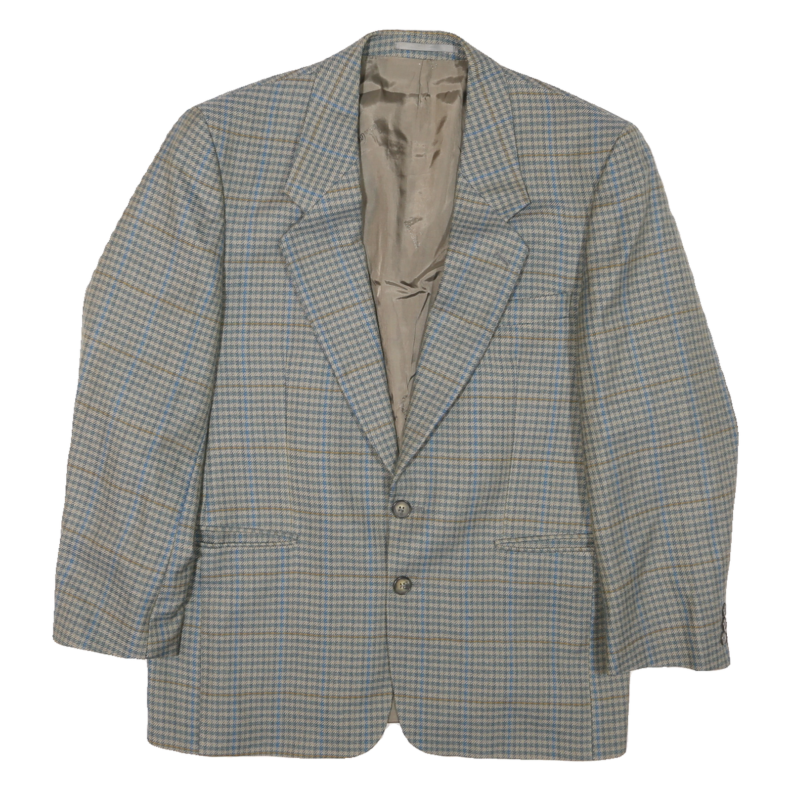 Mens Beige & Blue Check Classic Button Jacket L Polyester Blend Tailored