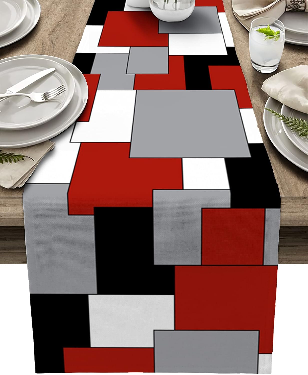 Modern Linen Table Runner Abstract Geometric Color Block Dining & Kitchen Decor
