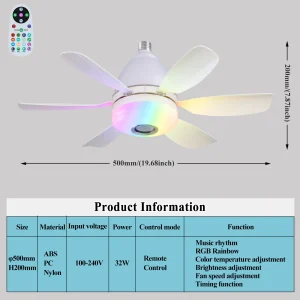 Noiseless Socket Fan Light with Remote, Small Ceiling Fans, Dimmable LED Light, Bluetooth Speaker
