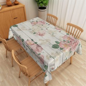 Pink Floral Wooden Texture Rectangle Tablecloth - 52x70 Inch